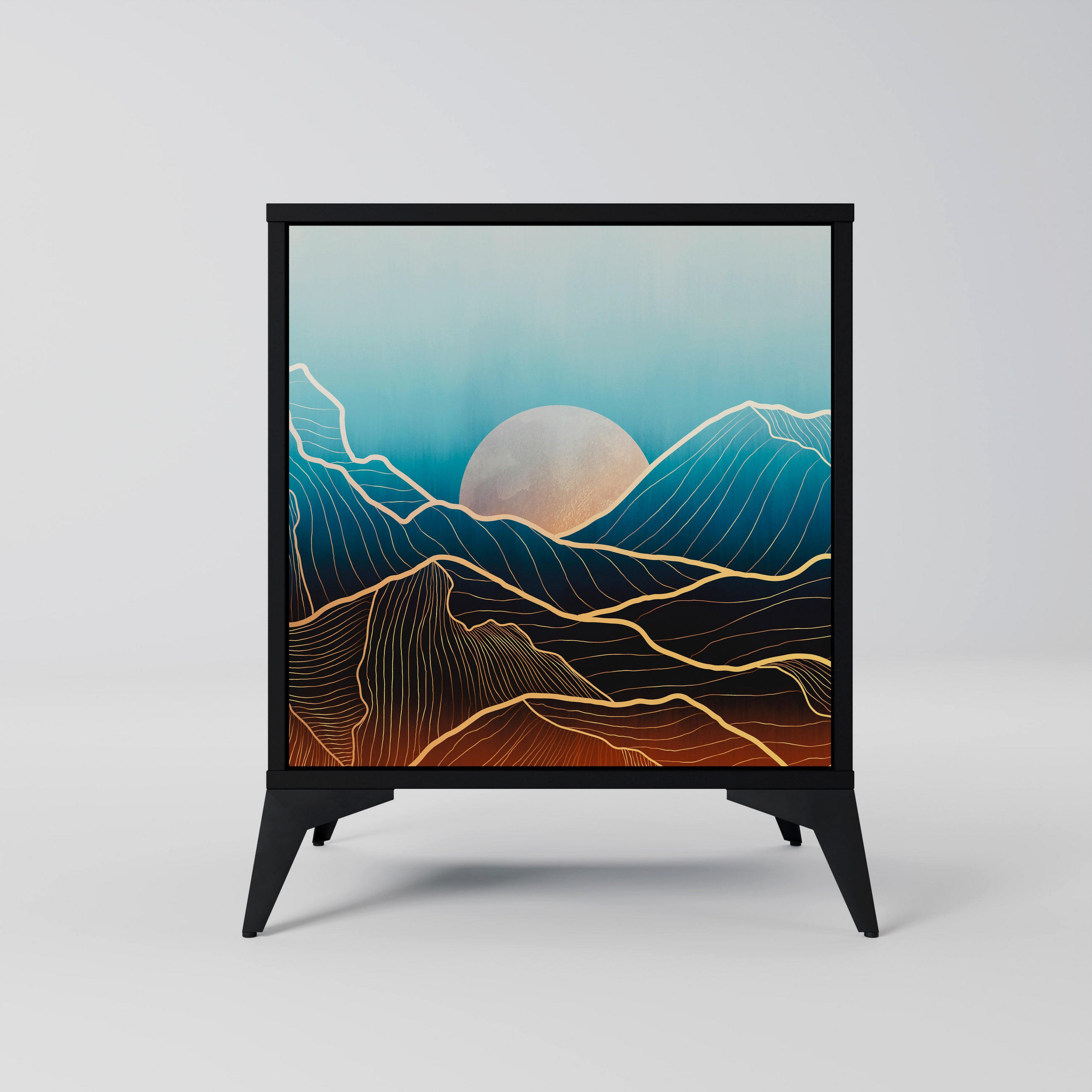SIDEBOARD LUNAR SECRETS, Schwarz, 57,5x42x70,5 cm, Schwarze Metall-Sternfüße - Multicolor/Schwarz, Holzwerkstoff/Metall (57.5/70.5/42cm) - SpaceRebels