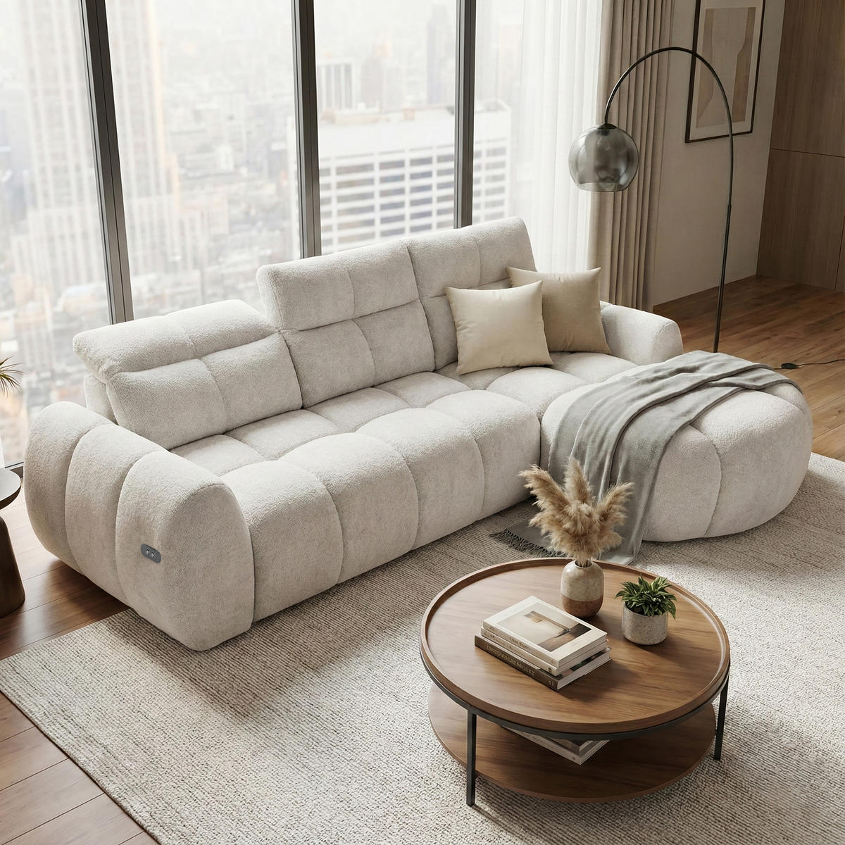 ECKSOFA Sorel Mini mit Automatisch verstellbarer Sitztiefe und Kopfstützen, rechts, Hellbeige - Beige, Textil (275/190cm) - Beautysofa