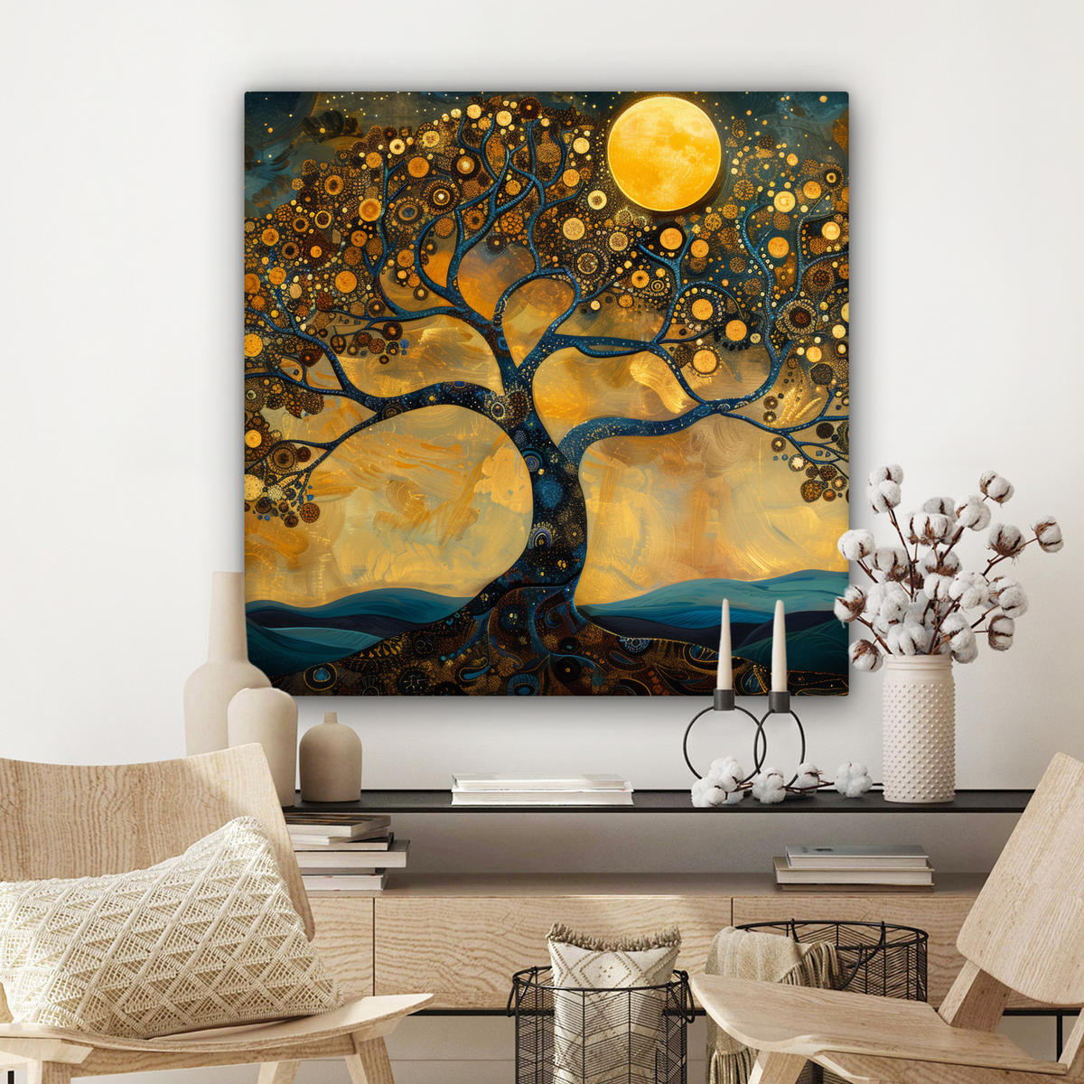 LEINWANDBILD Baum - Mond - Blumen - Gold - Kunst 90x90 cm - Orange, Textil (90/90cm) - MuchoWow