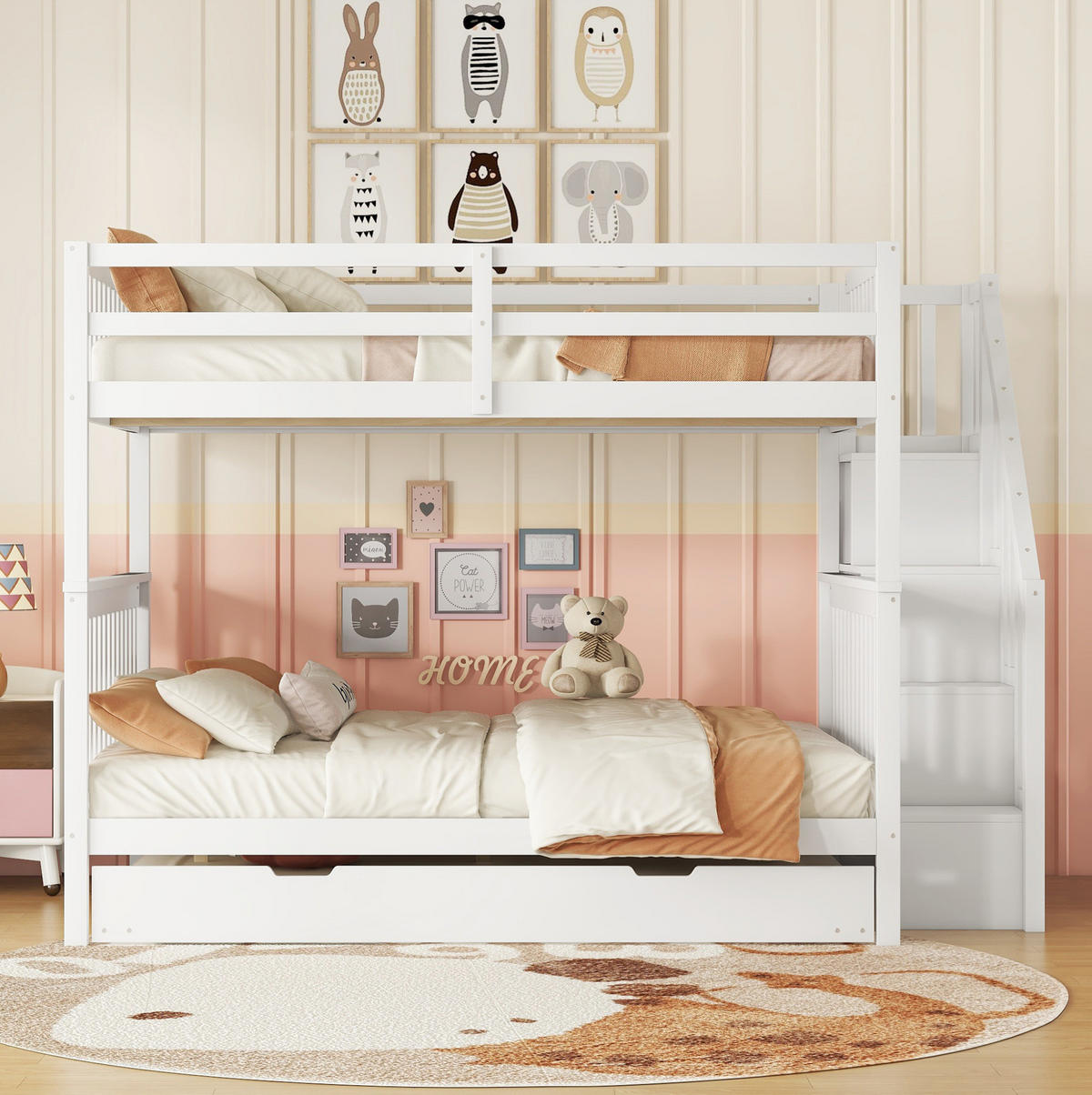 ETAGENBETT 140/200 cm Weiß mit Ausziehbett und Treppenregal - Weiß, Holz (140/200cm) - Flora Grace