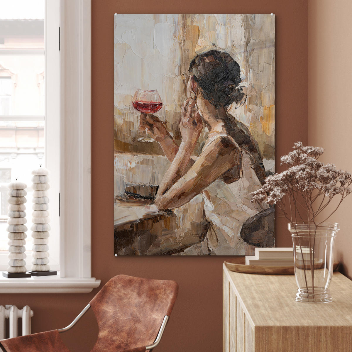 ACRYLGLASBILD Ölgemälde - Frau - Wein 60x90 cm - Hellbraun, Glas (60/90cm) - MuchoWow