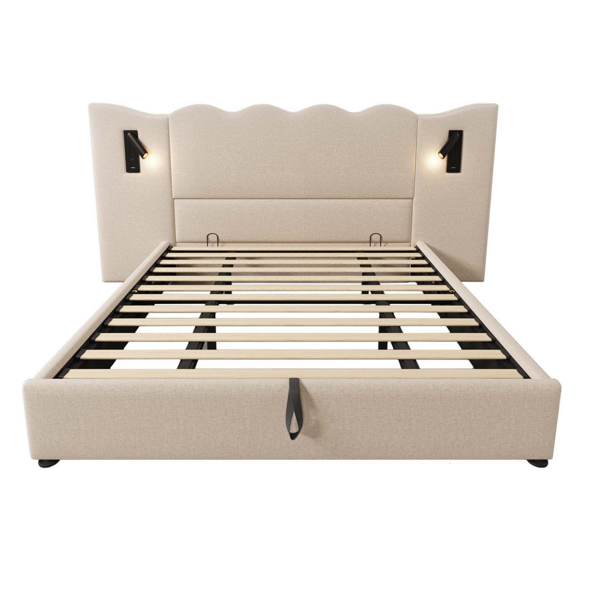 POLSTERBETT 180/200 cm Beige mit Leselampe und USB-C-Ladefunktion - Beige, Textil (180/200cm) - OKWISH