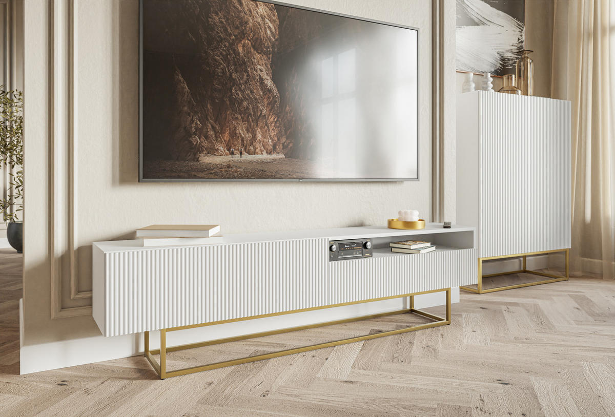 TV-SCHRANK Veldio Weiß mit offenem Fach und goldenen Metallbeinen 175 cm - Goldfarben/Weiß, Holzwerkstoff/Metall (175/46.5/31.6cm) - Selsey
