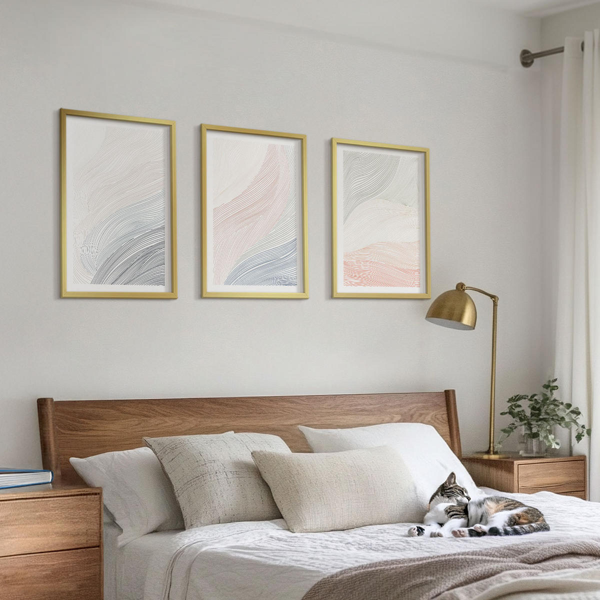 BILDER SET 3er Set - 40x60 cm Goldrahmen - Abstrakte Wellen, Karton, Pastell - Goldfarben, Kunststoff (40/60cm) - TULUP