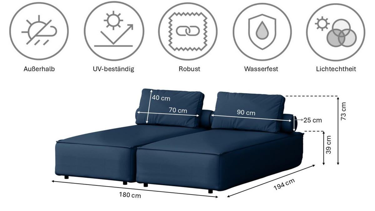 GARTENCHAISELONGUE Doppelter MALIBU Marineblau - Blau, Holz (180/73/194cm) - Kaiser Möbel