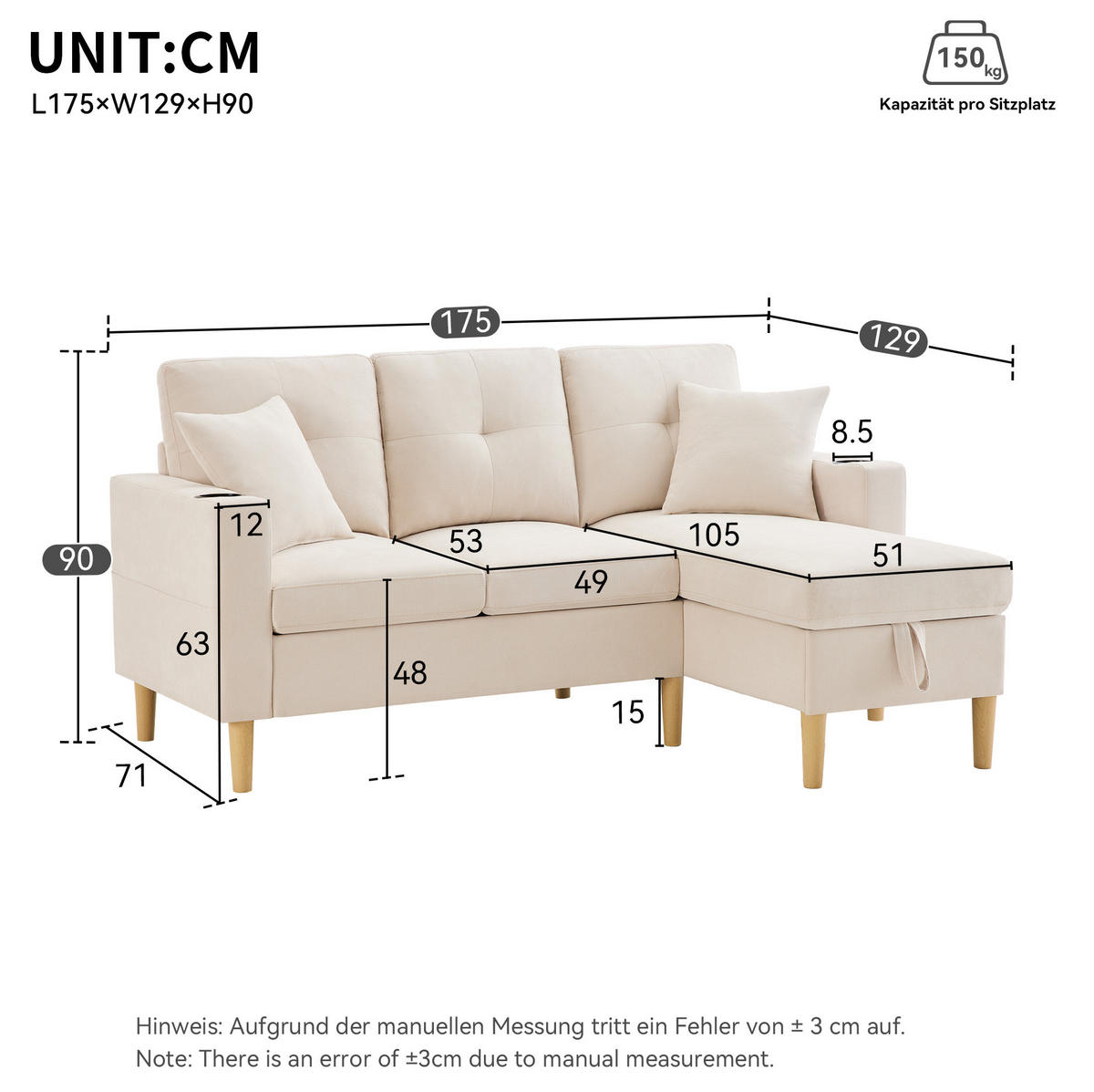 SOFA mit Chaiselongue und Stauraum 175 x 129 cm Baumwoll-Leinen Beige - Beige, Textil (175/129cm) - IVMEU