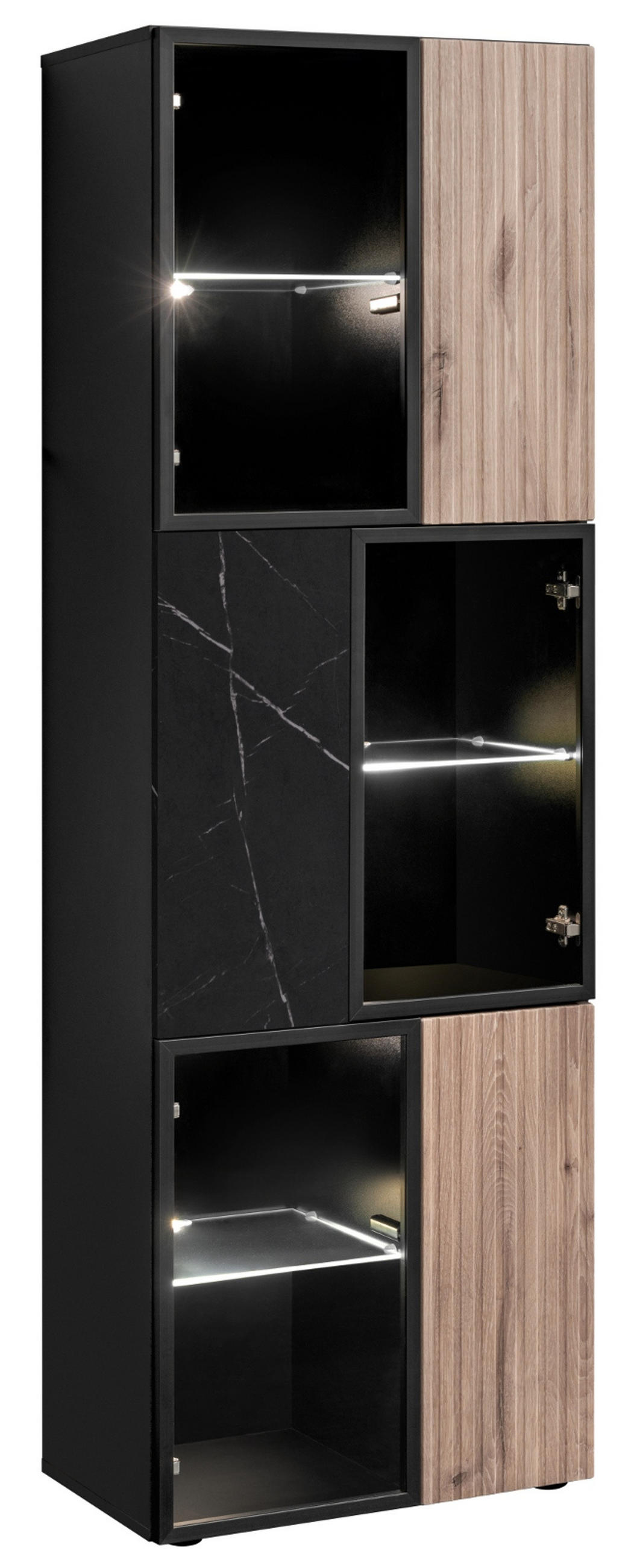 WOHNWAND Eiche, Marmor schwarz 300 cm, Anbauwand inklusive LED-Beleuchtung - Eichefarben/Schwarz, Glas/Holzwerkstoff (300/182/45cm) - Inn.Furn