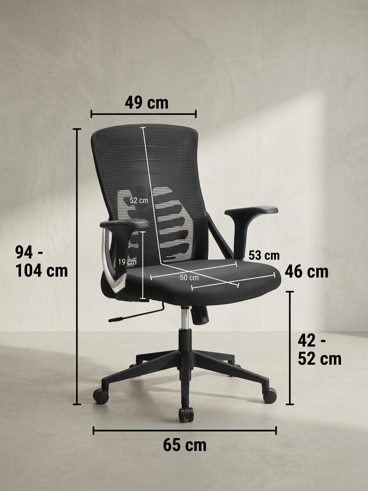 BÜRODREHSTUHL Schwarz Mesh mit Wippmechanik, 4-fach Lordosenstütze und Höhenverstellung ATLAS - Schwarz, Kunststoff/Textil (65/104/65cm) - KADIMA DESIGN