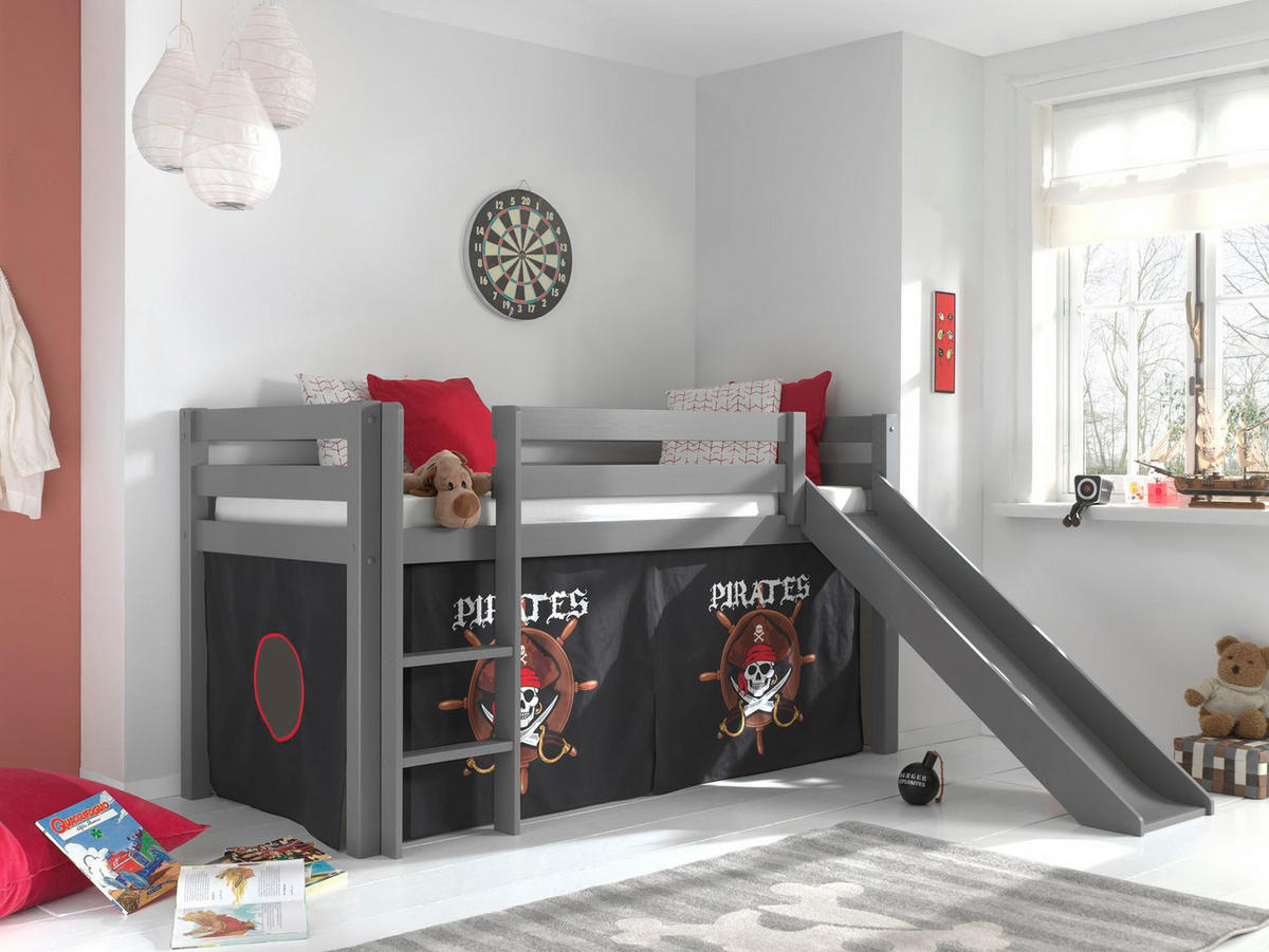 HOCHBETT mit Rutsche Karolina Massivholz Grau Textilset Pirate - Schwarz/Grau, Holz (90/200cm) - 58aufmkessel