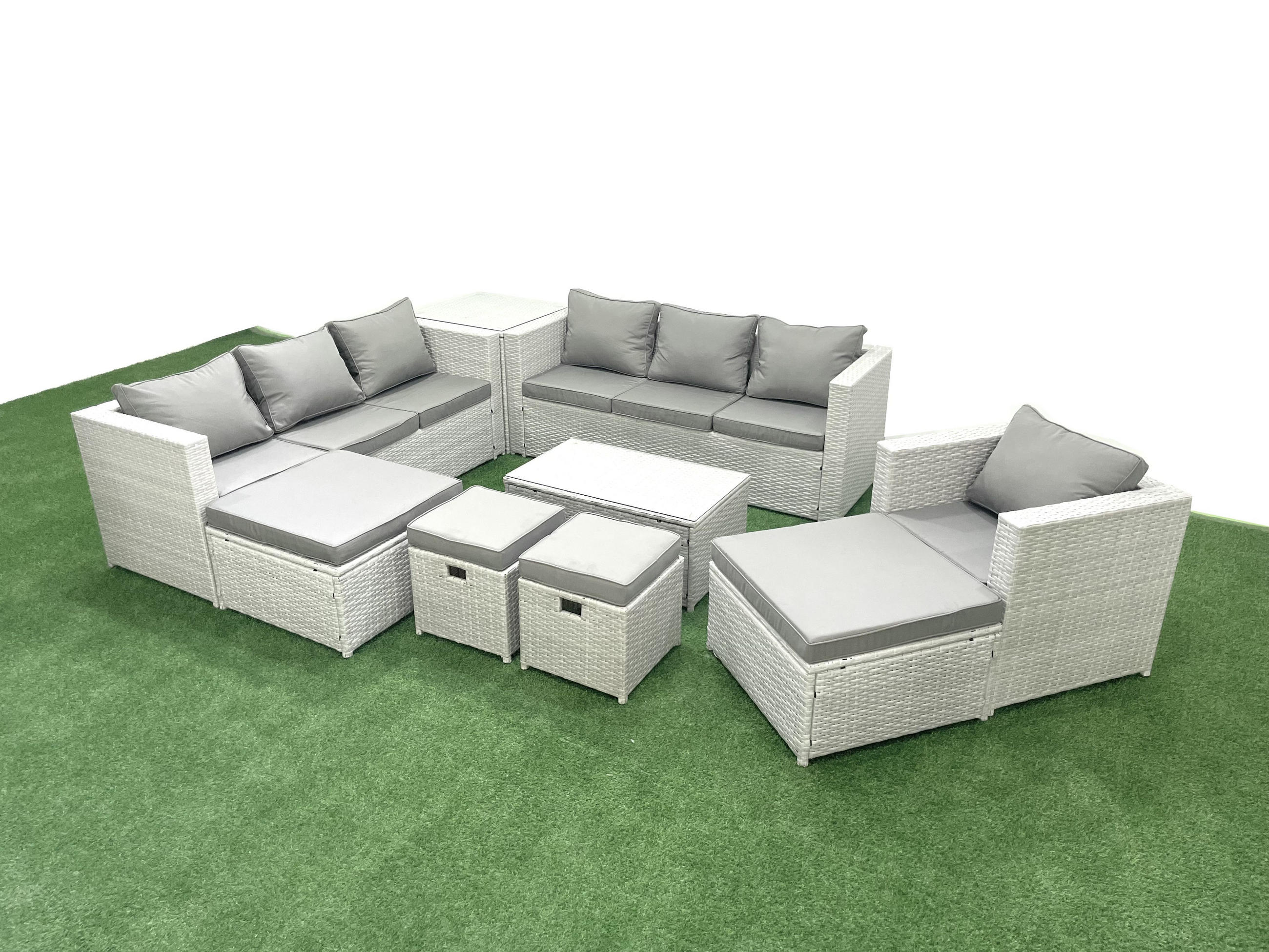 GARTENSET mit 3-SITZER SOFA,COUCHTISCH Polyrattan Hellgrau-Mix 11-Sitzer - Hellgrau/Grau, Glas/Kunststoff - Fimous