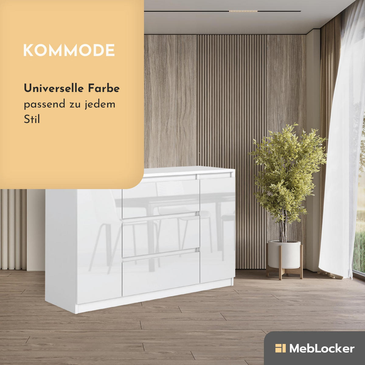 KOMMODE mit 3 Schubladen 2 Schranktüren 120 cm Weiß mit HochglanzFronte - Weiß Hochglanz, Holzwerkstoff (120.4/78.2/39cm) - MebLocker