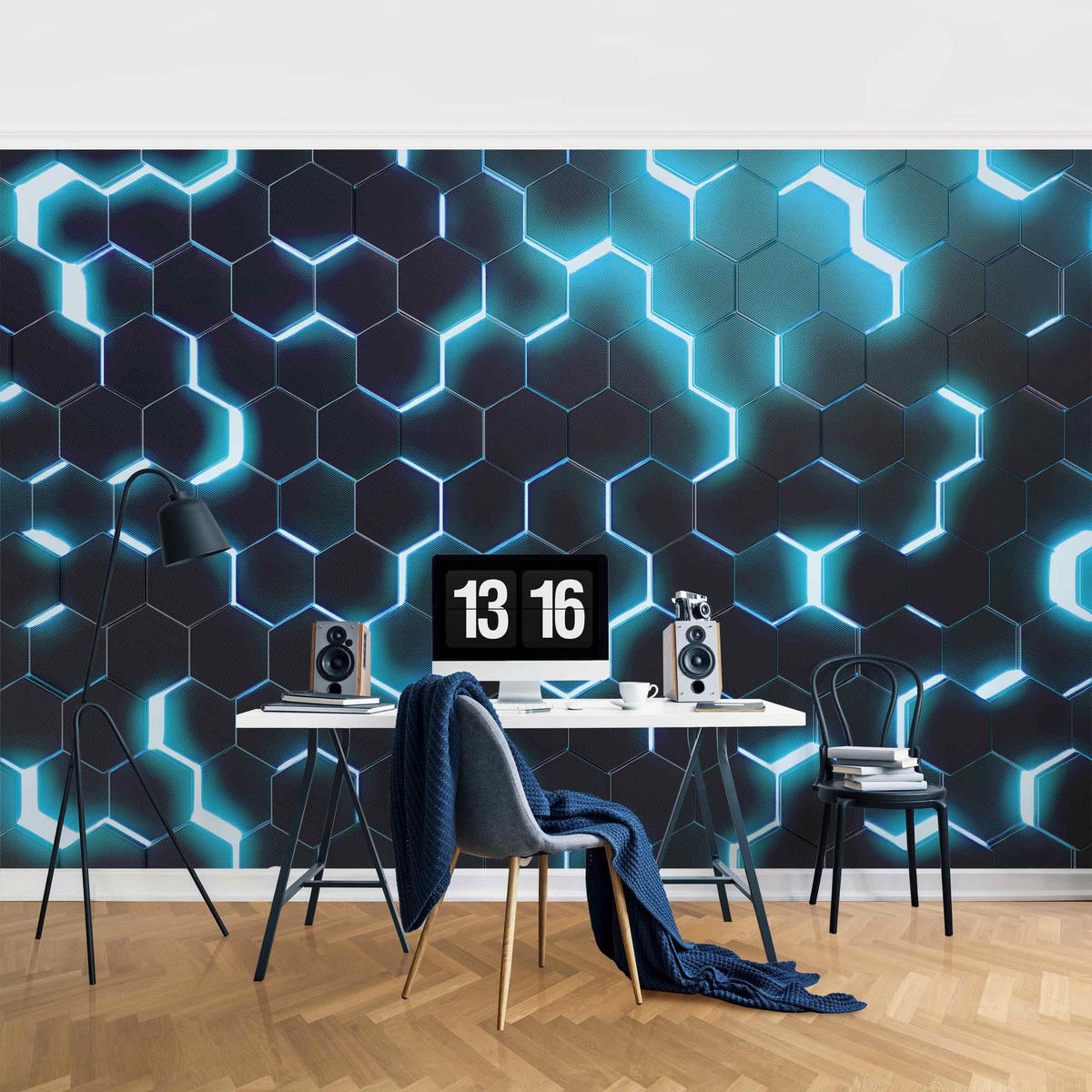 FOTOTAPETE Strukturierte Hexagone mit Neonlicht in Türkis 288/190 cm - Schwarz, Papier (288/190cm) - Bilderwelten