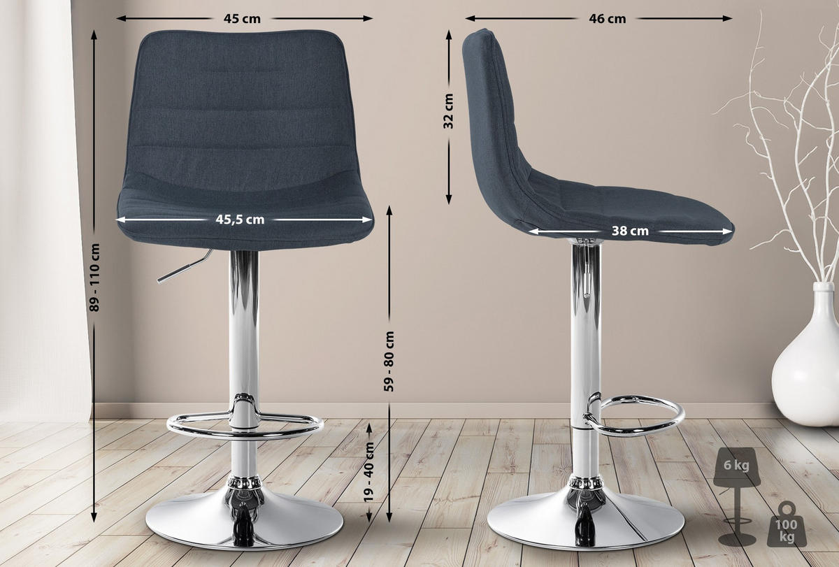 BARHOCKER 2er Set Stoff dunkelgrau - Dunkelgrau, Textil/Metall (45/89/46cm) - CLP