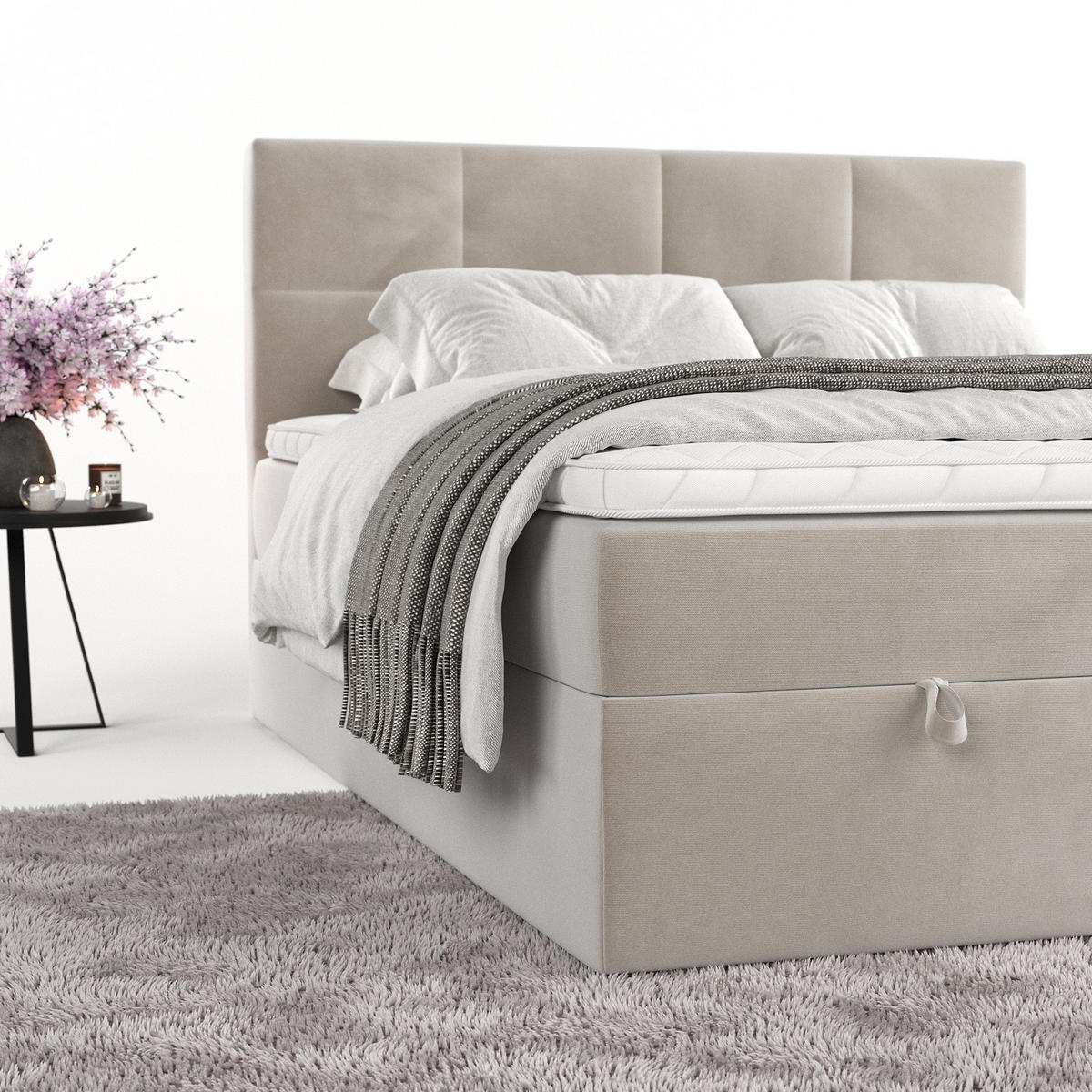 BOXBETT Velto 200/200 cm Hellbeige im Paros Stoff - Beige/Schwarz, Holz/Holzwerkstoff (200/200cm) - AltaBeds