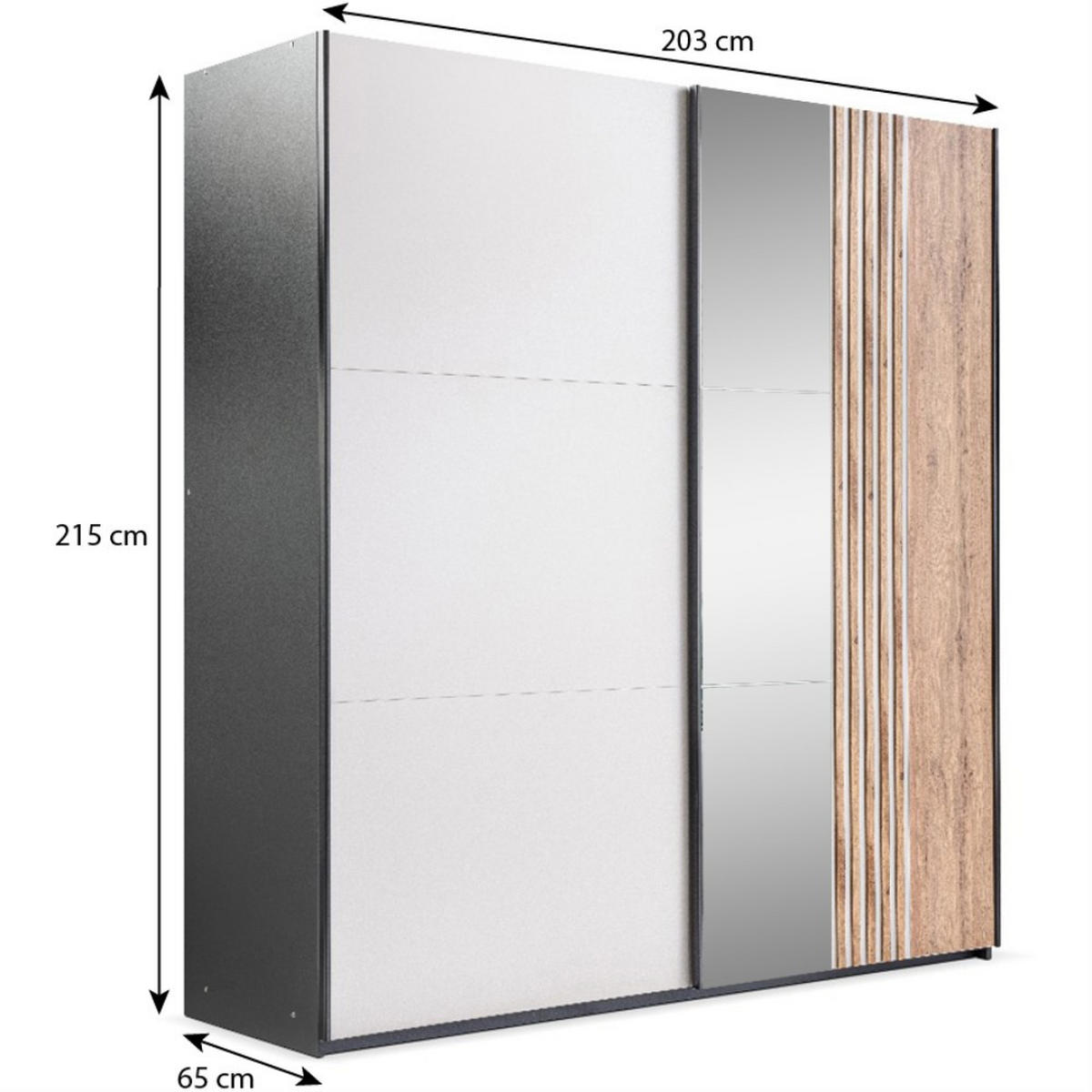 SCHWEBETÜRENSCHRANK Evia mit 2 Türen und Spiegel, 203 cm - Eiche Wotan/Schwarz, Holzwerkstoff (203/215/65cm) - Beautysofa