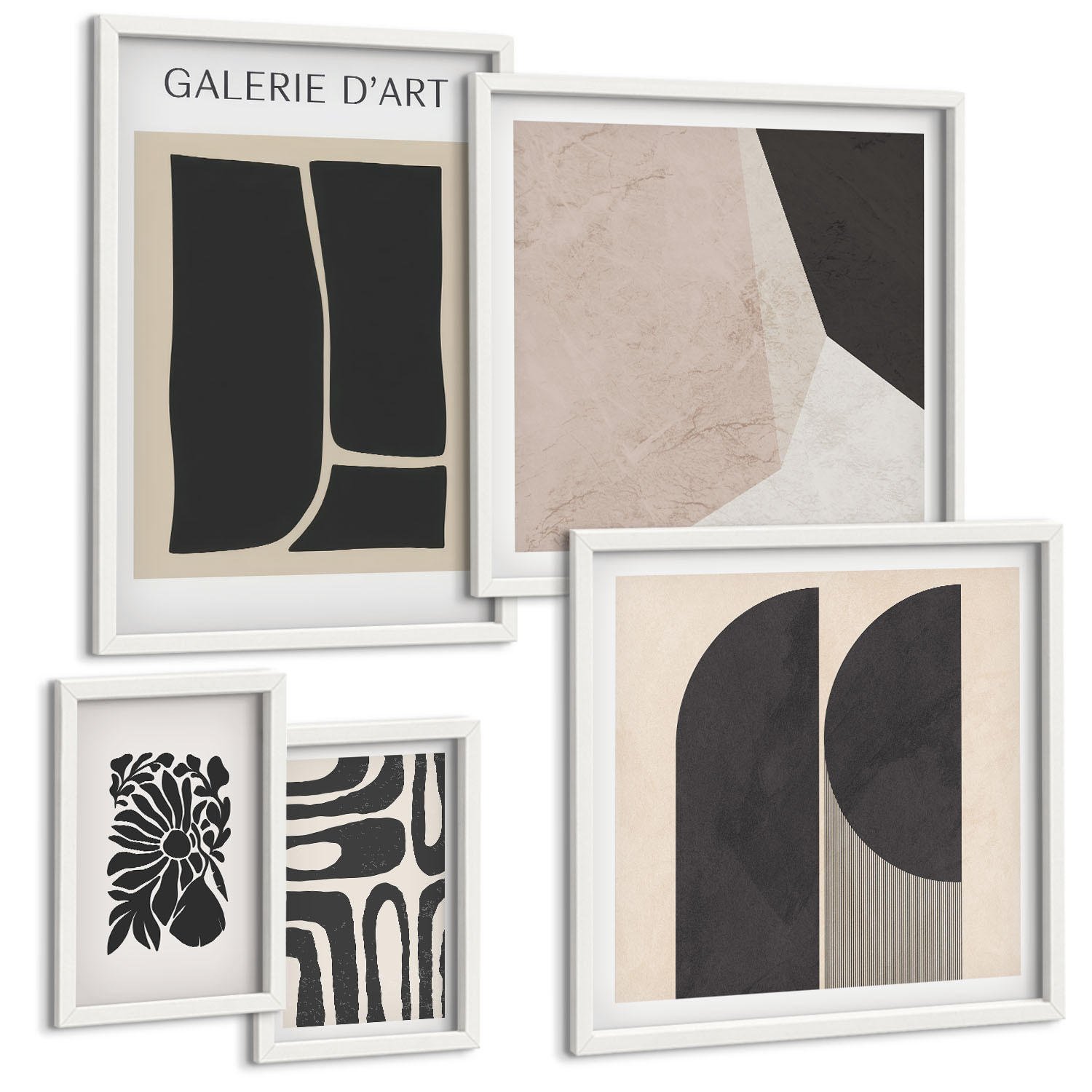 BILDER SET 5er Set - 50x50 cm & 20x30 cm & 40x60 cm Weißer Rahmen - Abstrakte minimalistische Poster - Weiß, Kunststoff (40/60cm) - TULUP