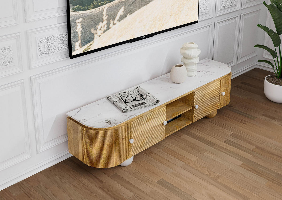 TV-BOARD Mango 180x40x50 natur lackiert / Marmor weiß FLORENZ #100 - Naturfarben, Holz (180/50/40cm) - Massivmoebel24