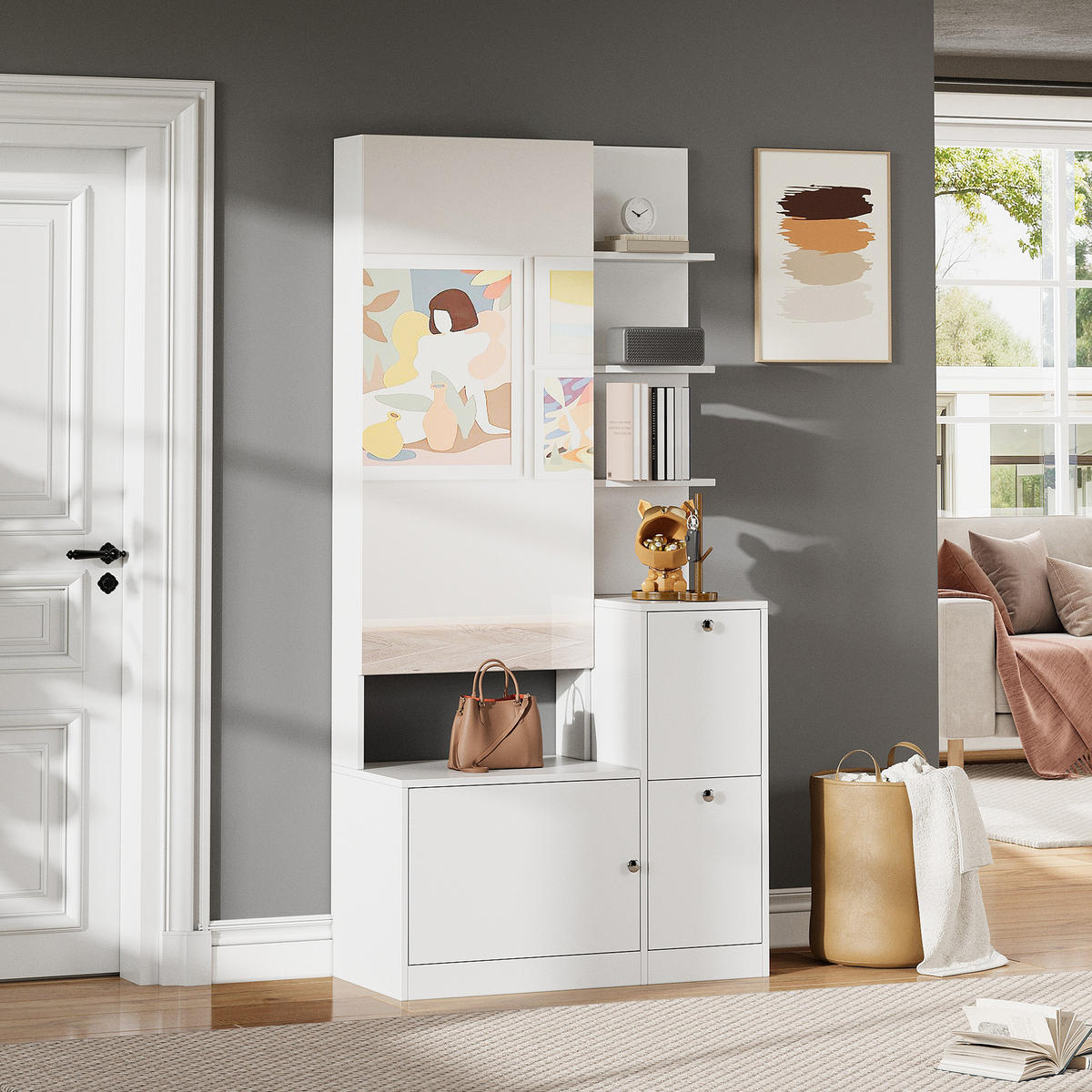 SCHUHSCHRANK aus Spanplatte 85x40x180cm in Weiß mit Spiegel - Weiß, Holzwerkstoff (85/180/40cm) - Modfu