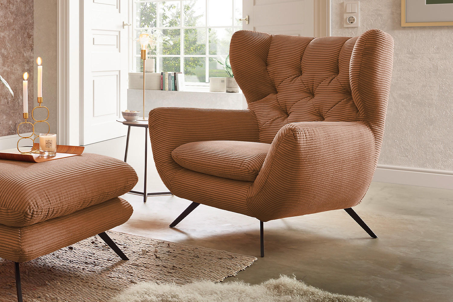 SITZGRUPPE CHARME Braun Cord - Dunkelbraun/Schwarz, Textil/Metall (225/94/95cm) - KAWOLA