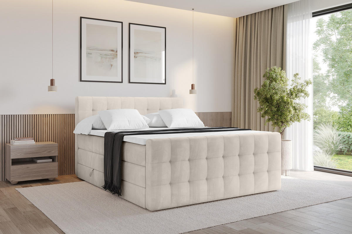 BOXSPRINGOVÁ POSTEL s matrací H3/H4 - IGAN-Z KING - 200x200 cm Béžová - šedobéžová, kompozitní dřevo (203/200cm) - ALTDECOR