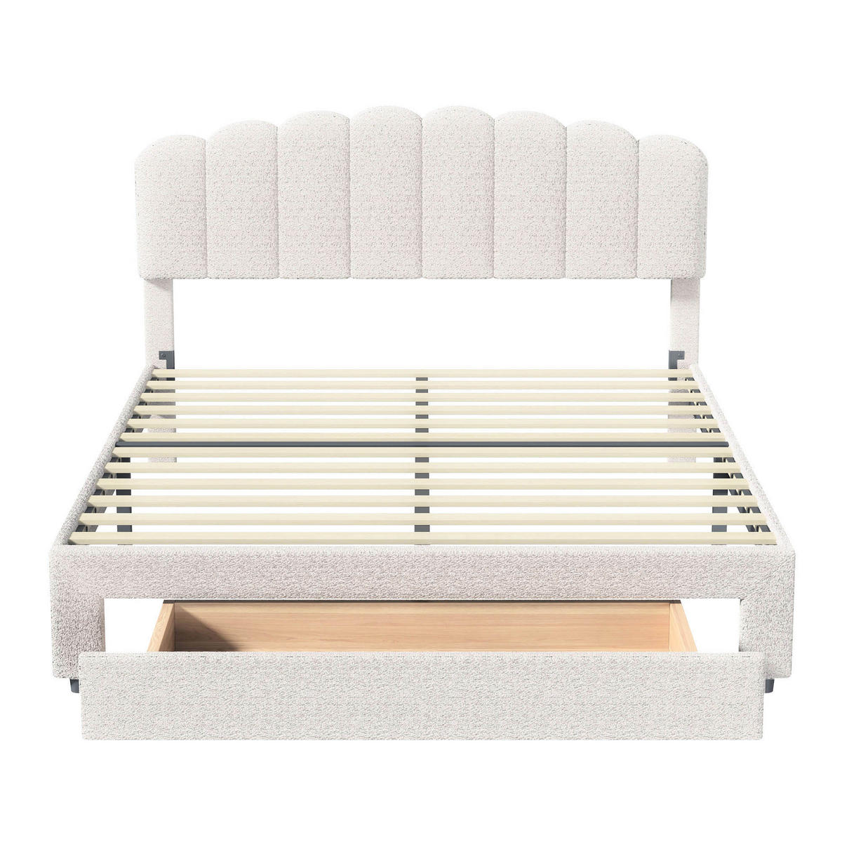 POLSTERBETT 160x200 cm mit Stauraum, Doppelbett mit Schubladen, USB und Typ-C, Lattenrost, verstellbares Kopfteil, Teddy-Fleece Beige - Beige, Holz/Metall (160/200cm) - GENKI LIVING