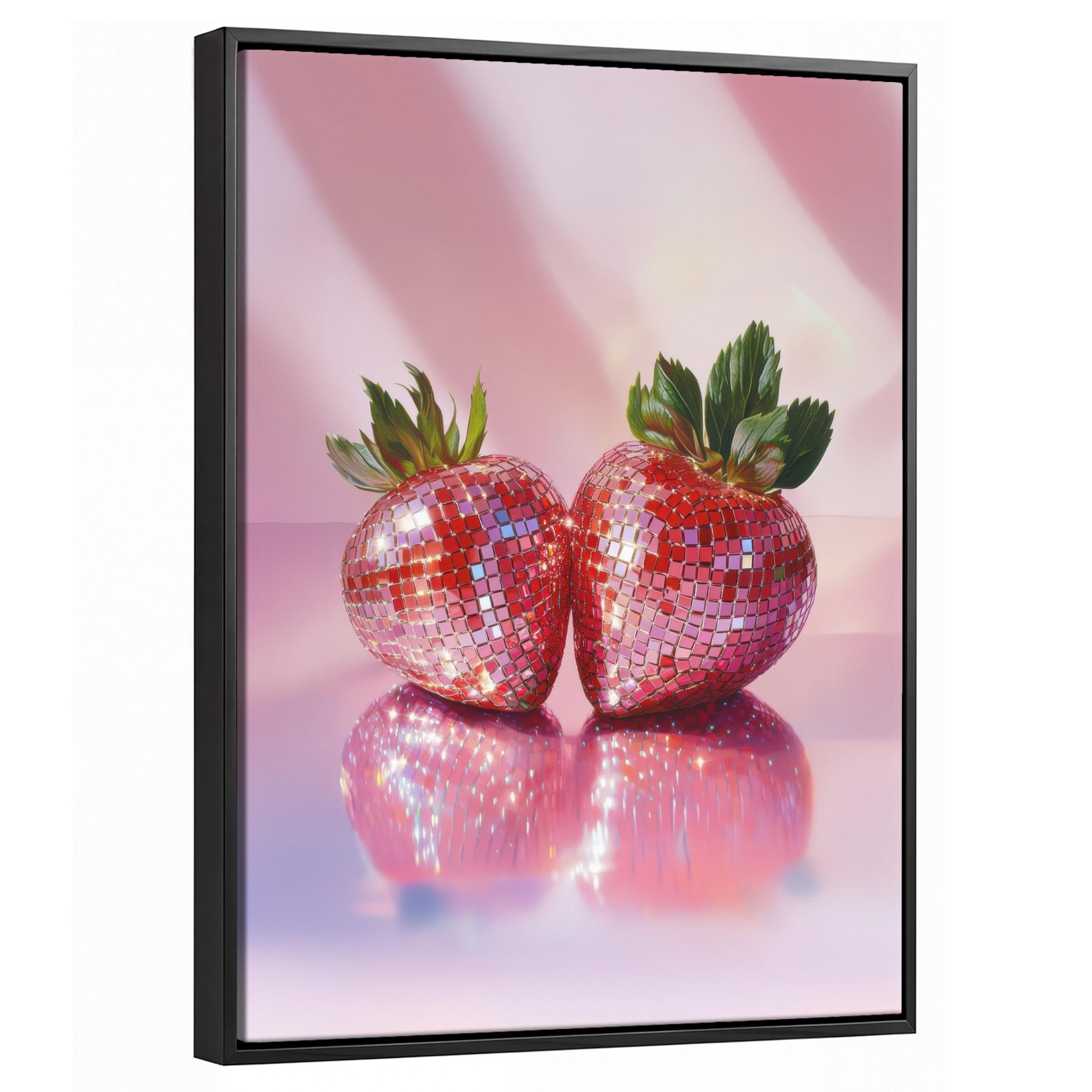 LEINWAND Bilder mit Rahmen - Disco - Obst - Glitzer - Erdbeere - 30x40 - Pink, Textil (30/40cm) - MuchoWow