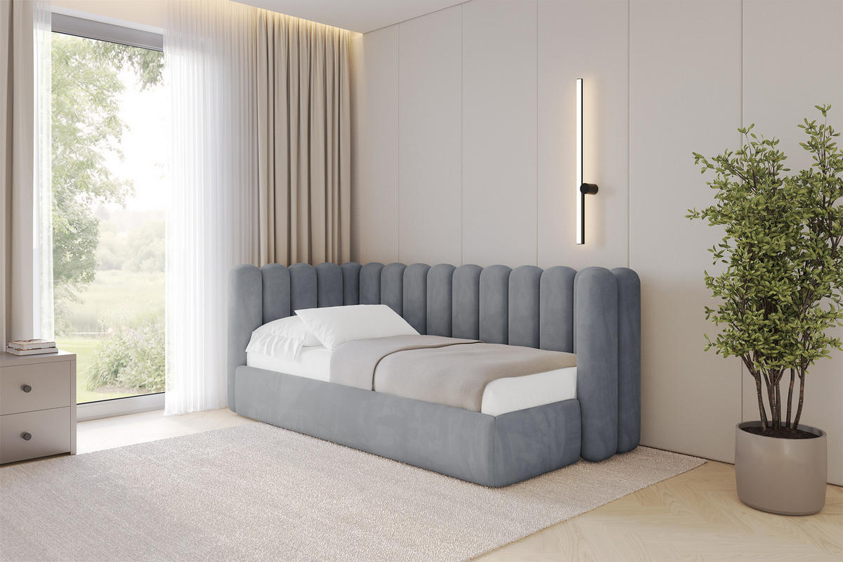EINZELLBETT Jugendbett mit Bettkasten und Matratze H3/H4, Rechts - HUGY 100x200 Grau - Blaugrau, Holzwerkstoff/Textil (100/200cm) - ALTDECOR