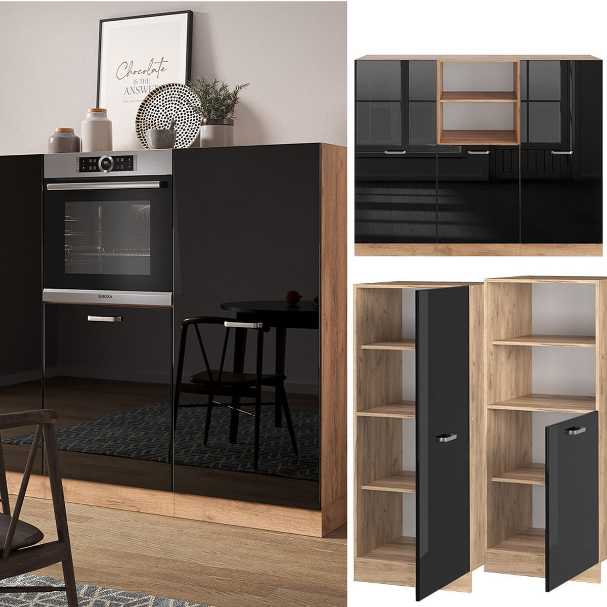 EINBAUKÜCHE R-Line Schwarz Hochglanz/Goldkraft Eiche 180 cm ohne AP - Honigeiche/Schwarz Hochglanz, Holzwerkstoff (180/81.6/46cm) - Vicco