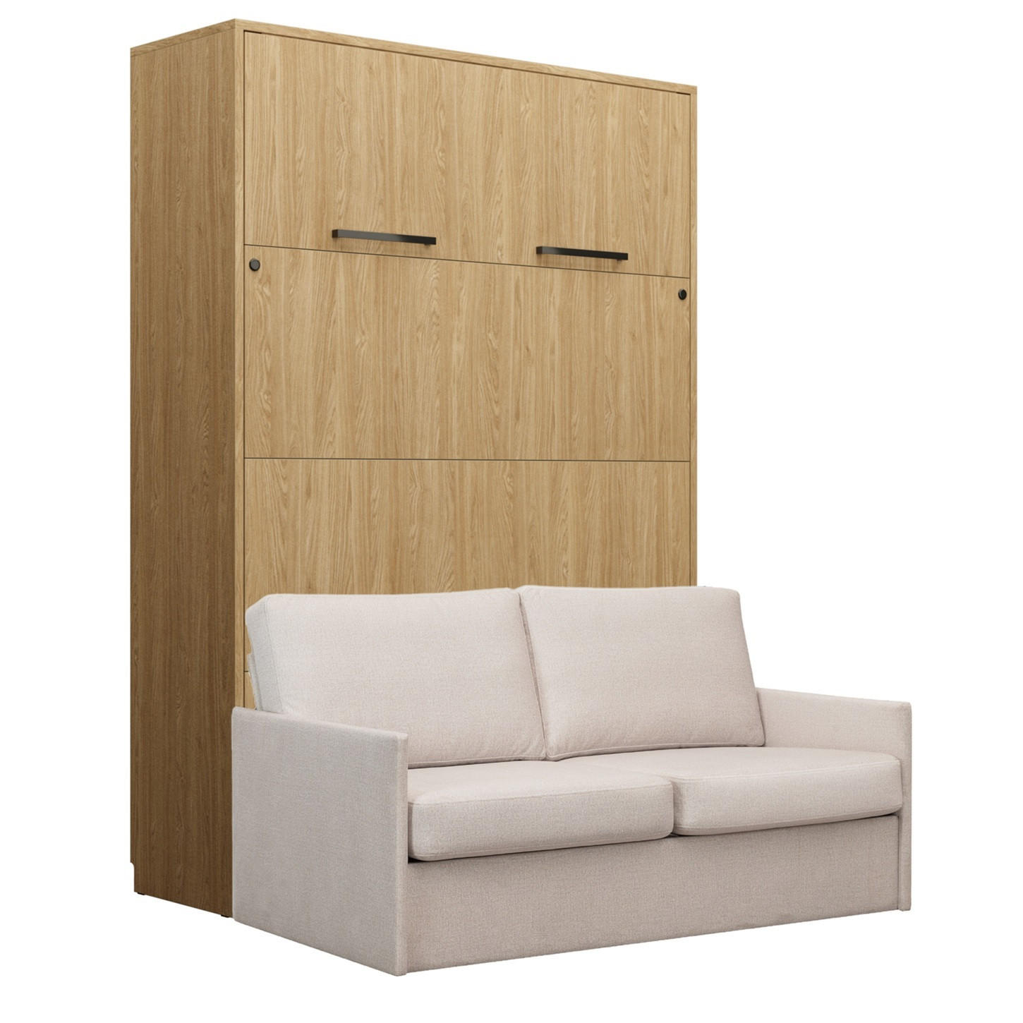 SCHRANKBETT Wandbett GN 140x200 eiche geölt mit LED & Sofa - Beige - Eichefarben/Beige, Holz/Holzwerkstoff (140/200cm) - QMM TraumMöbel