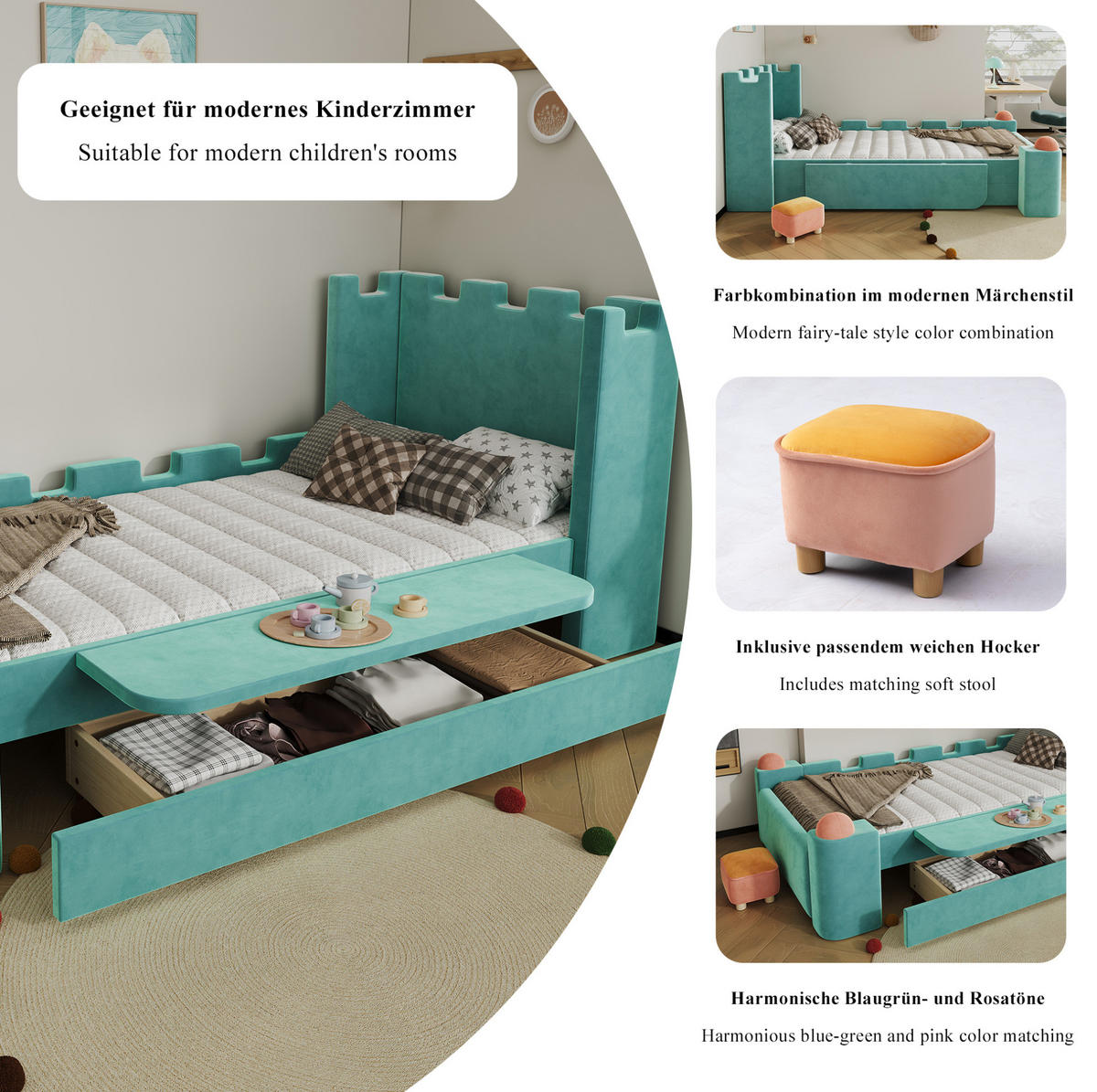 POLSTERBETT Burg-Design 90/200 cm Blaugrün mit Schublade und Klappablage, ohne Matratze - Petrol, Textil (90/200cm) - MIVRAY