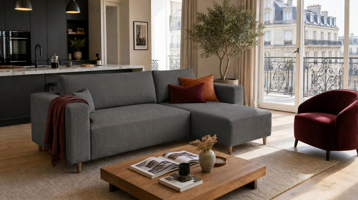 ECKSOFA mit Schlaffunktion und Bettkasten Rio, Ecksofa Cordstoff Dunkelgrau, Ottomane Universal, 249x142 cm - Dunkelgrau, Textil (249/142cm) - Marpur