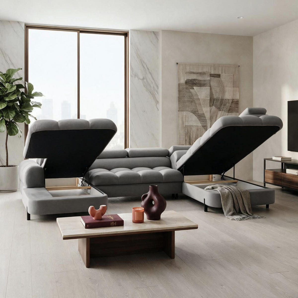 ECKSOFA U-Form BOWL U Rechts mit Schlaffunktion 125x265 Velours Grau - Schwarz/Grau, Holz/Textil (195/90/339cm) - Muffo
