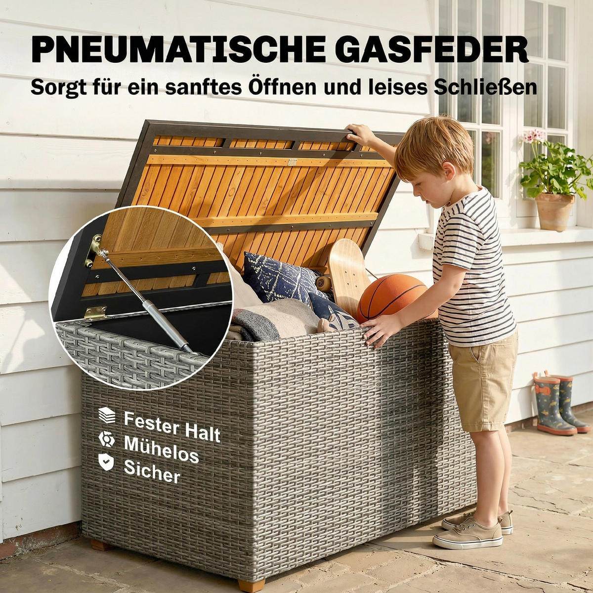 AUFBEWAHRUNGSBOX aus Akazienholz & PE-Rattan, Dunkelgrau - Dunkelgrau, Holz (68/67.5/120cm) - Outsunny