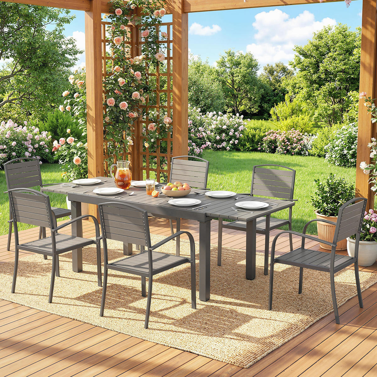 GARTENMÖBEL SET 7-teilig DE-09916 Holzoptik - Grau, Metall - ComfortXL