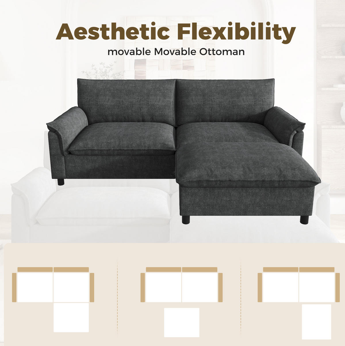 SOFA 216/77/82 cm Schwarz aus Chenille mit Fußhocker und Stauraum - Schwarz, Textil (77/82/216cm) - OKMYHOME