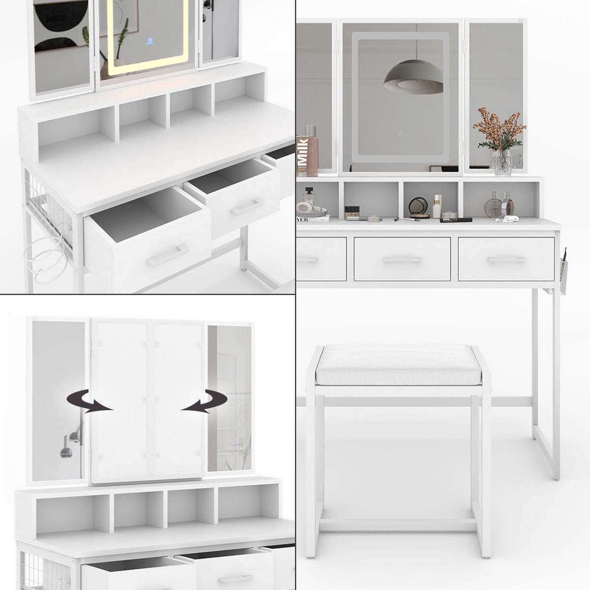 SCHMINKTISCH Mavida Weiß 90 cm mit LED-Spiegel und Hocker - Weiß, Holzwerkstoff (90/137.5/40cm) - Vicco