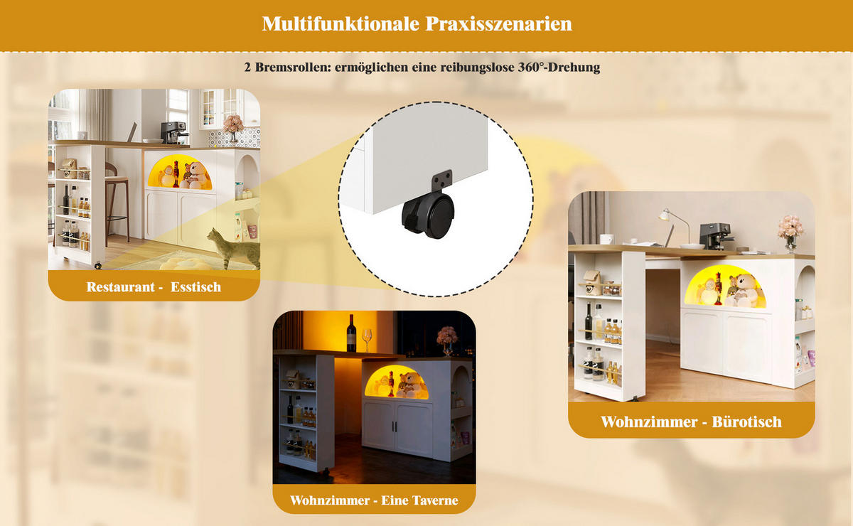 BARTISCH, MDF ausziehbar mit Stauraum & LED, 135-205/39/100 cm, Weiß - Weiß, Holzwerkstoff (39/100/135cm) - Redom