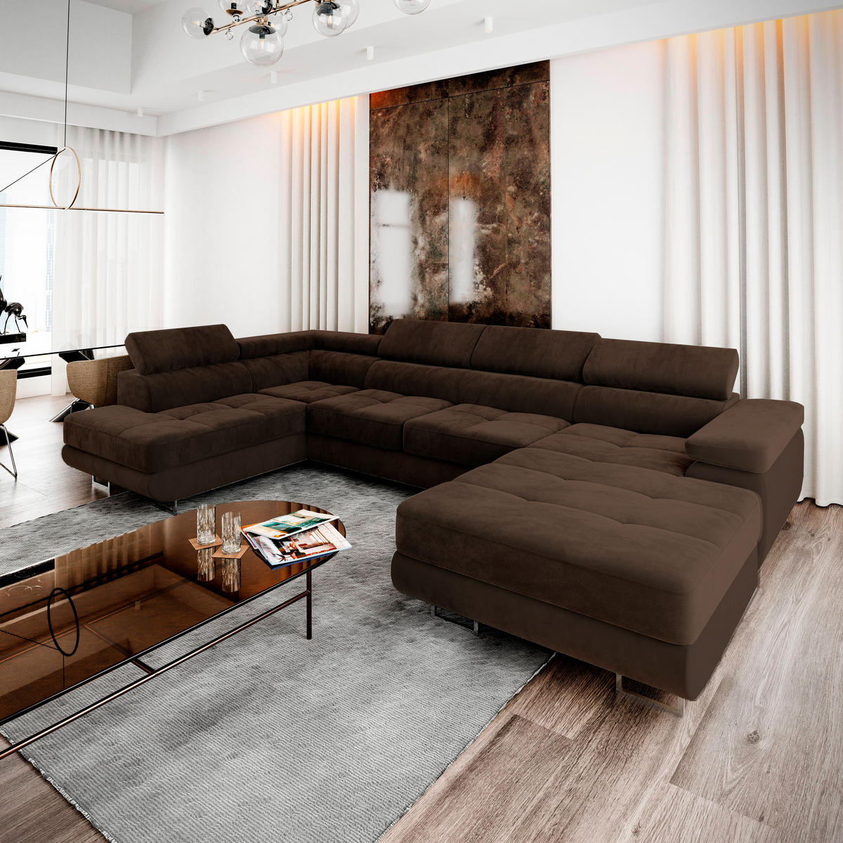 WOHNLANDSCHAFT CASONE L-S Braun Velours-Stoff mit Schlaffunktion - Braun, Holz (345/90/202cm) - MASSENO