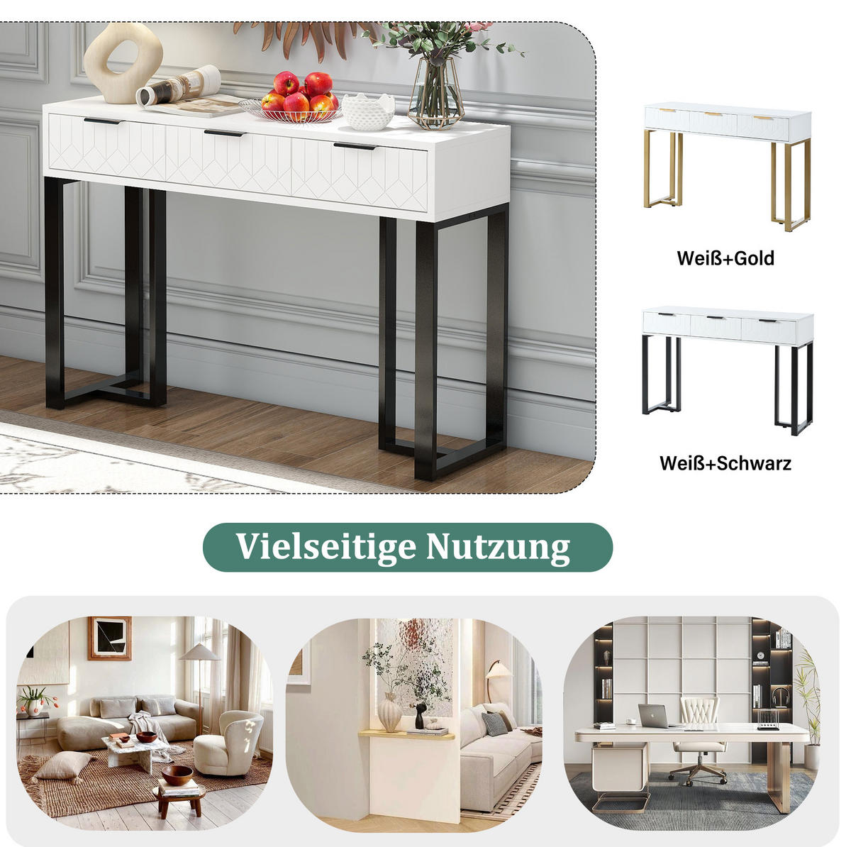 KONZOLNI stol crno-bijeli od MDF-a s ladicama i podesivim nožicama - crna, drvni materijal (120/36/80cm) - OKWISH
