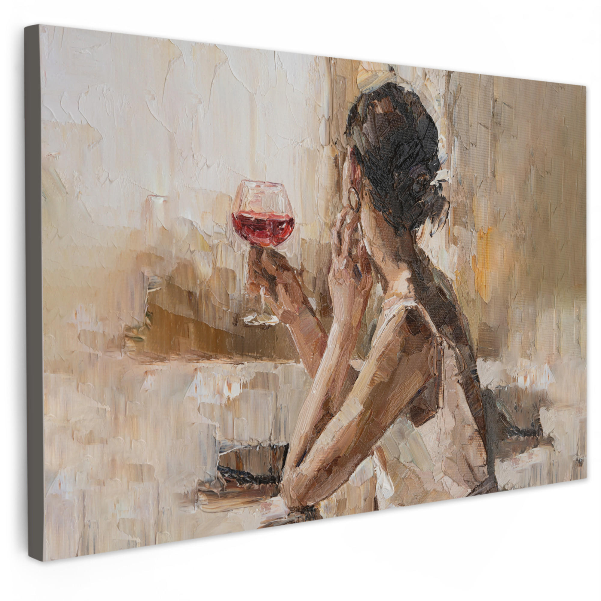 LEINWANDBILD Ölgemälde - Frau - Wein Wohnzimmer 120x80 cm - Hellbraun, Textil (120/80cm) - MuchoWow