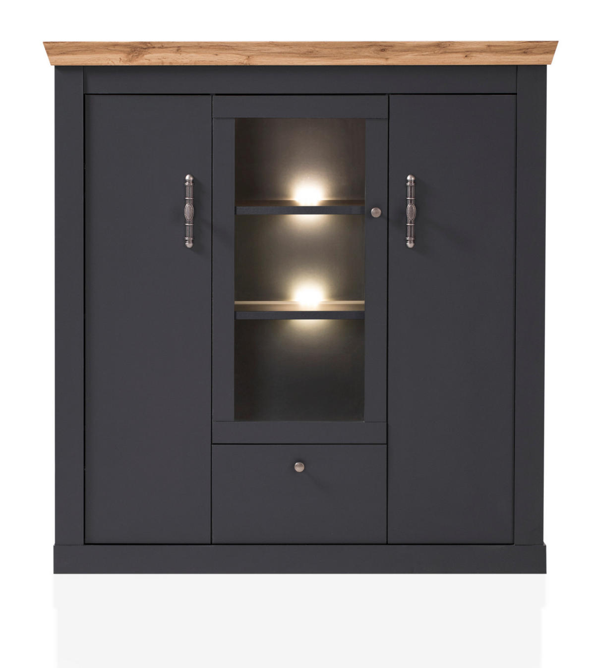 HIGHBOARD grau, Eiche Wotan, Landhaus 141 cm, Vitrine mit Soft-Close - Silberfarben/Eiche Wotan, Glas/Holzwerkstoff (141/146/45cm) - Furn.Design