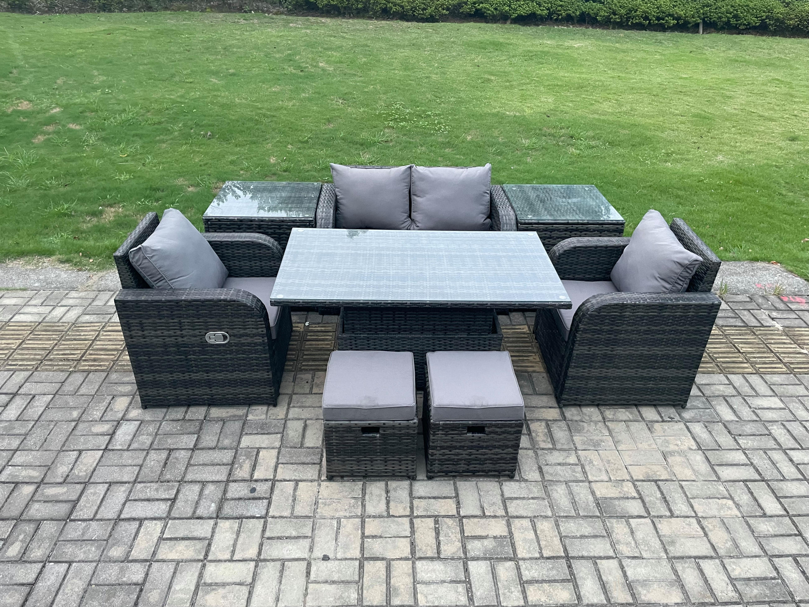 GARTENSOFA SET Polyrattan 6-Sitzer - Dunkelgrau/Grau, Glas/Kunststoff - Fimous