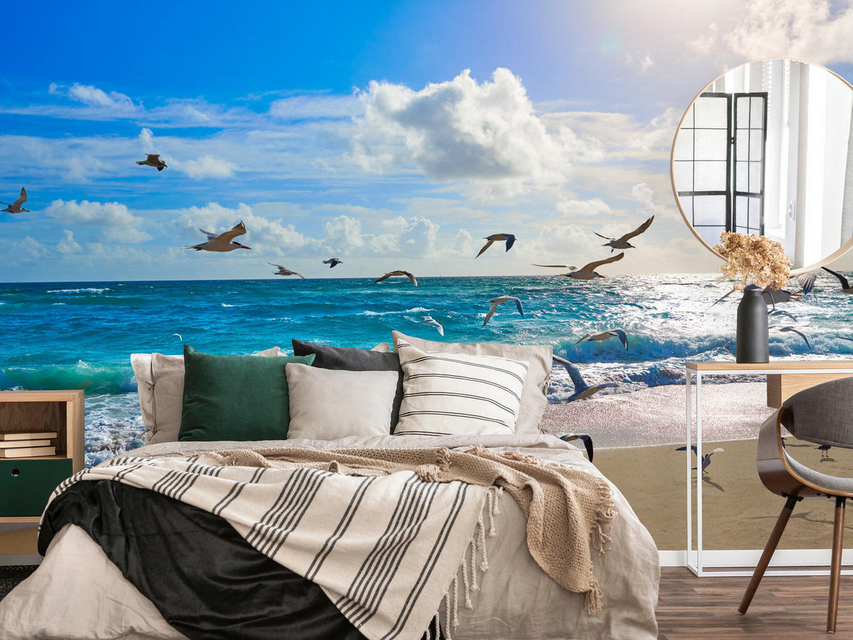 FOTOTAPETE Meer Strand Natur Landschaft 3D 450x315 - Blau/Beige, Papier (450/315cm) - Muralo