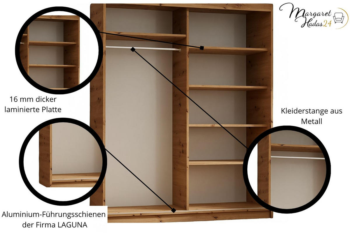 SCHWEBETÜRENSCHRANK Dora 160 cm mit Lamellen und Spiegel 2-türig, artisan, schwarz, Lamelle artisan - Schwarz/Eiche Artisan, Kunststoff (160/205/60cm) - Margaret Hadas24