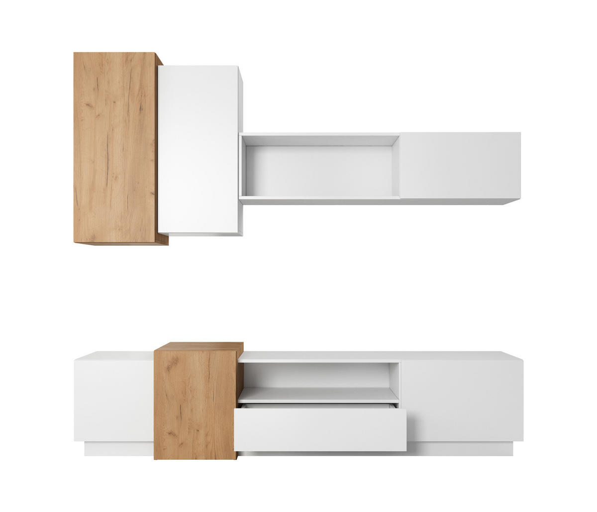WOHNWAND Viano Weiß / Eiche Craft Gold - 4-teiliges Set mit Push-to-Open - Eichefarben/Weiß, Holz/Holzwerkstoff (220/180/45cm) - Ravio