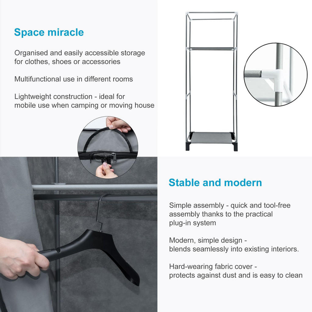 Thumbnail - Intirilife Faltschrank, Grau, Metall, 45x175x68 cm, Schlafzimmer, Kleiderschränke, Stoffschrank