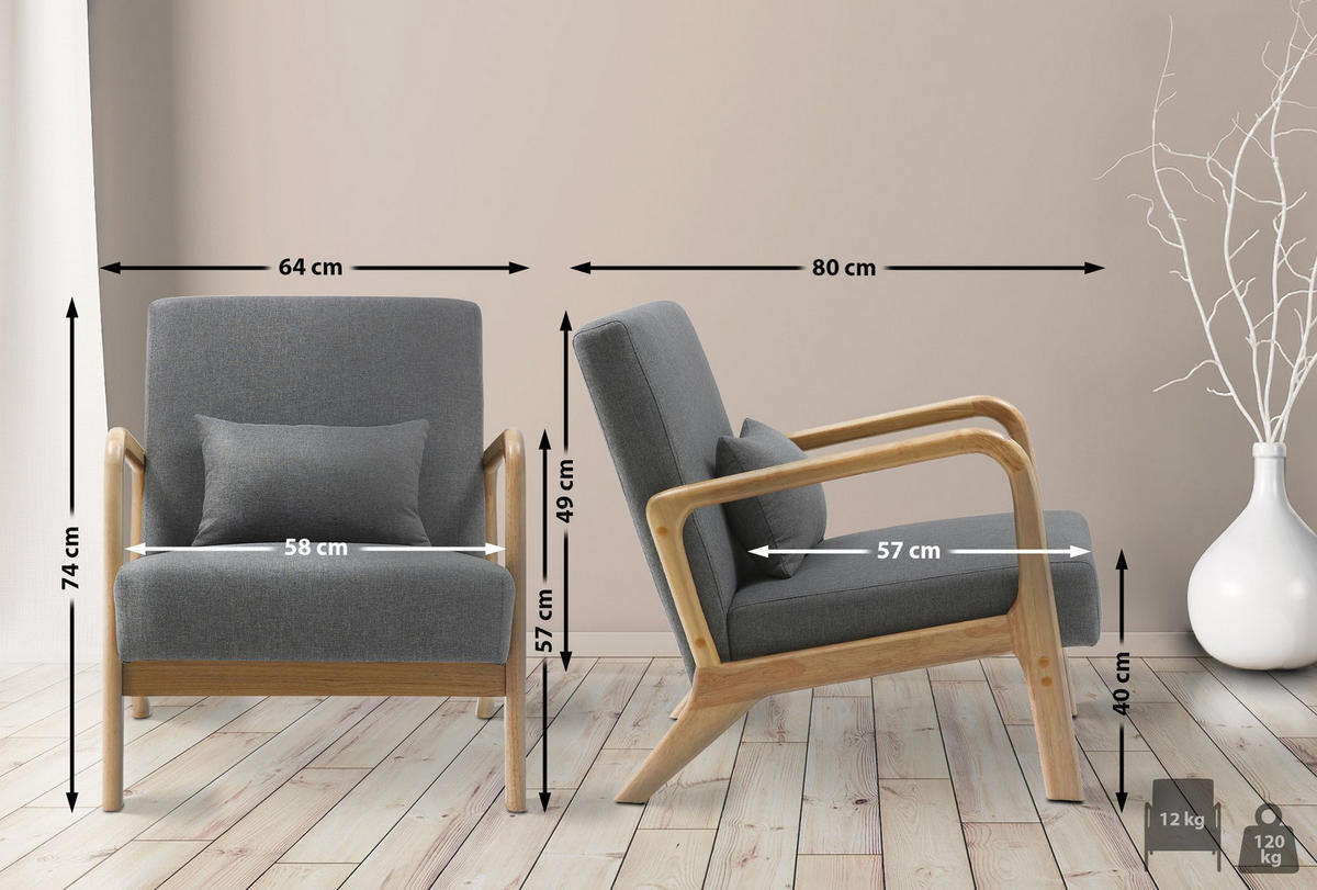 SESSEL Holz hellgrau - Eukalyptusholzfarben/Hellgrau, Holz/Textil (64/74/80cm) - CLP