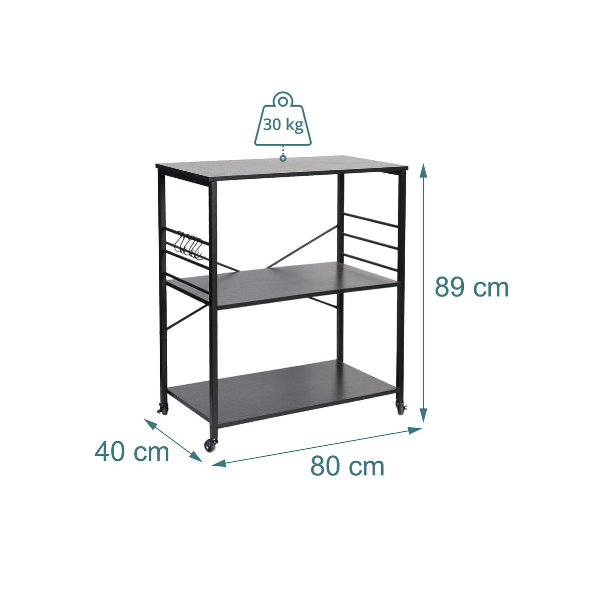 VOZIČEK za postrežbo - črna, kovina/leseni material (80/89/40cm) - Relaxdays