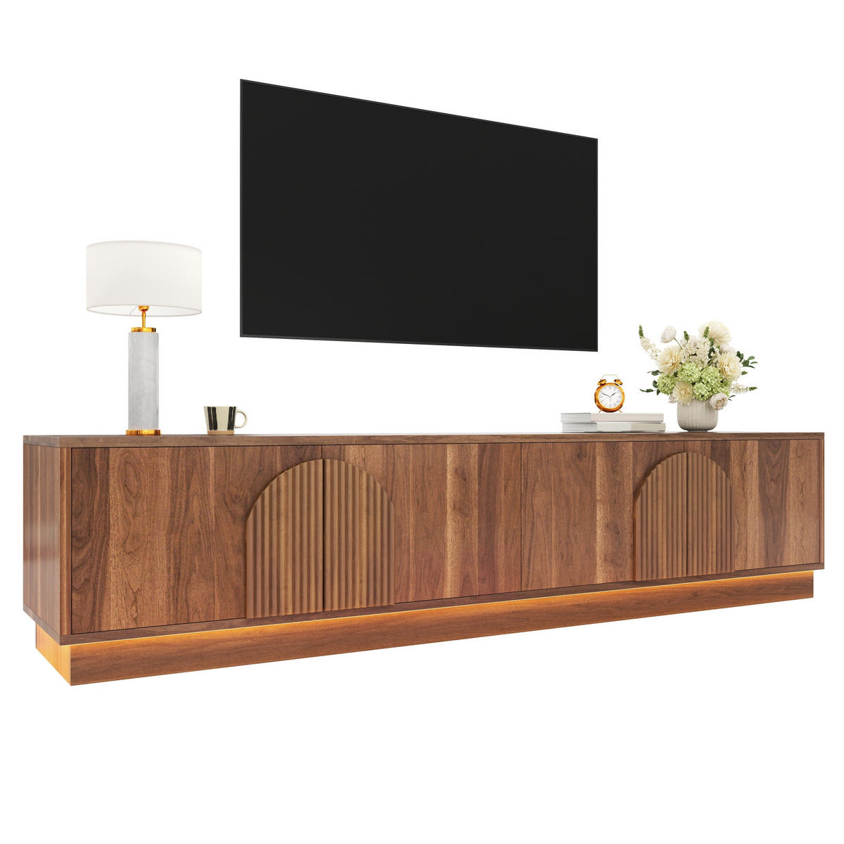 TV-ELEMENT180X40X44,5CM NussbaumRetroDesign mit LEDBeleuchtung PushtoOpen - Walnussfarben, Holz (47.5/18.49/115.49cm) - Raelunyi