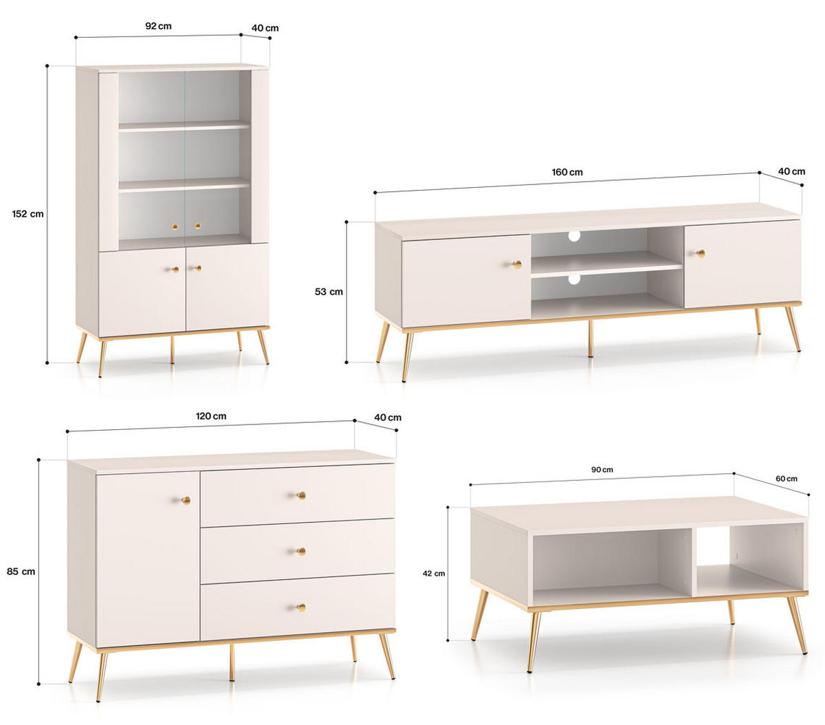 WOHNZIMMER-SET Selgin Kaschmir / Gold 4-teilig - Kaschmir/Goldfarben, Holz/Holzwerkstoff (462/152/60cm) - Feldmann-Wohnen
